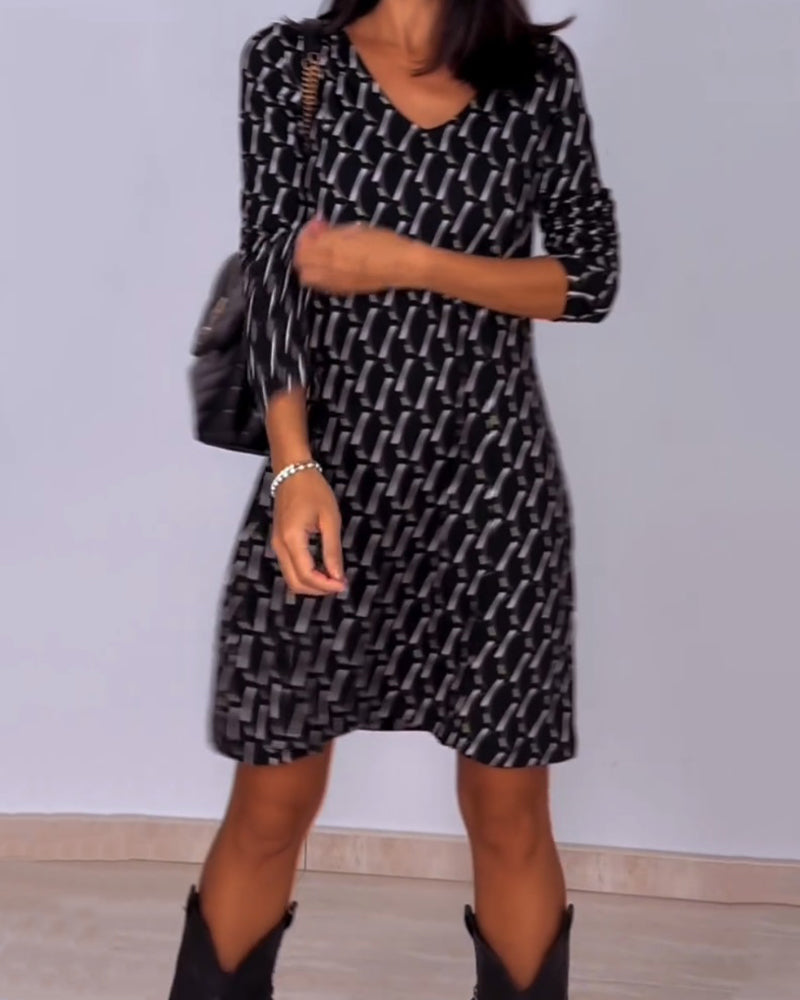 Liliana™ Vestido a Cuadros con Cuello en V y Manga Larga