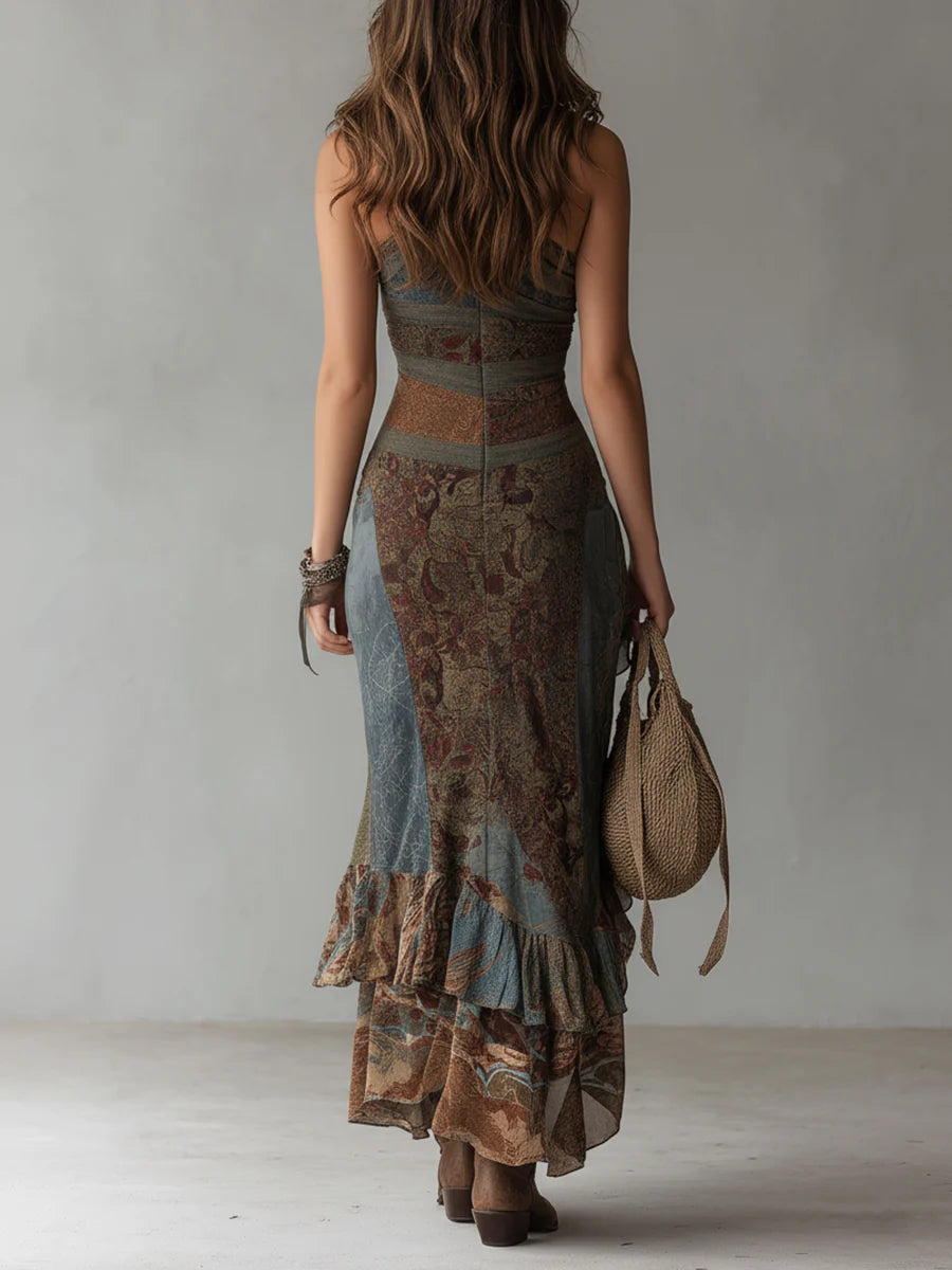 Xilonecuatl™ Vestido Largo Asimétrico con Estampado Étnico y Abertura