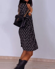 Liliana™ Vestido a Cuadros con Cuello en V y Manga Larga