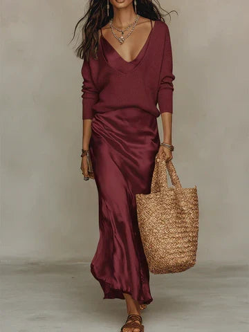 Marlene™ Conjunto Midi de Satín con Suéter de Punto Elegante