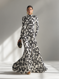 Eduviges™ Vestido Maxi Floral Elegante, Cuello Alto, Manga Larga