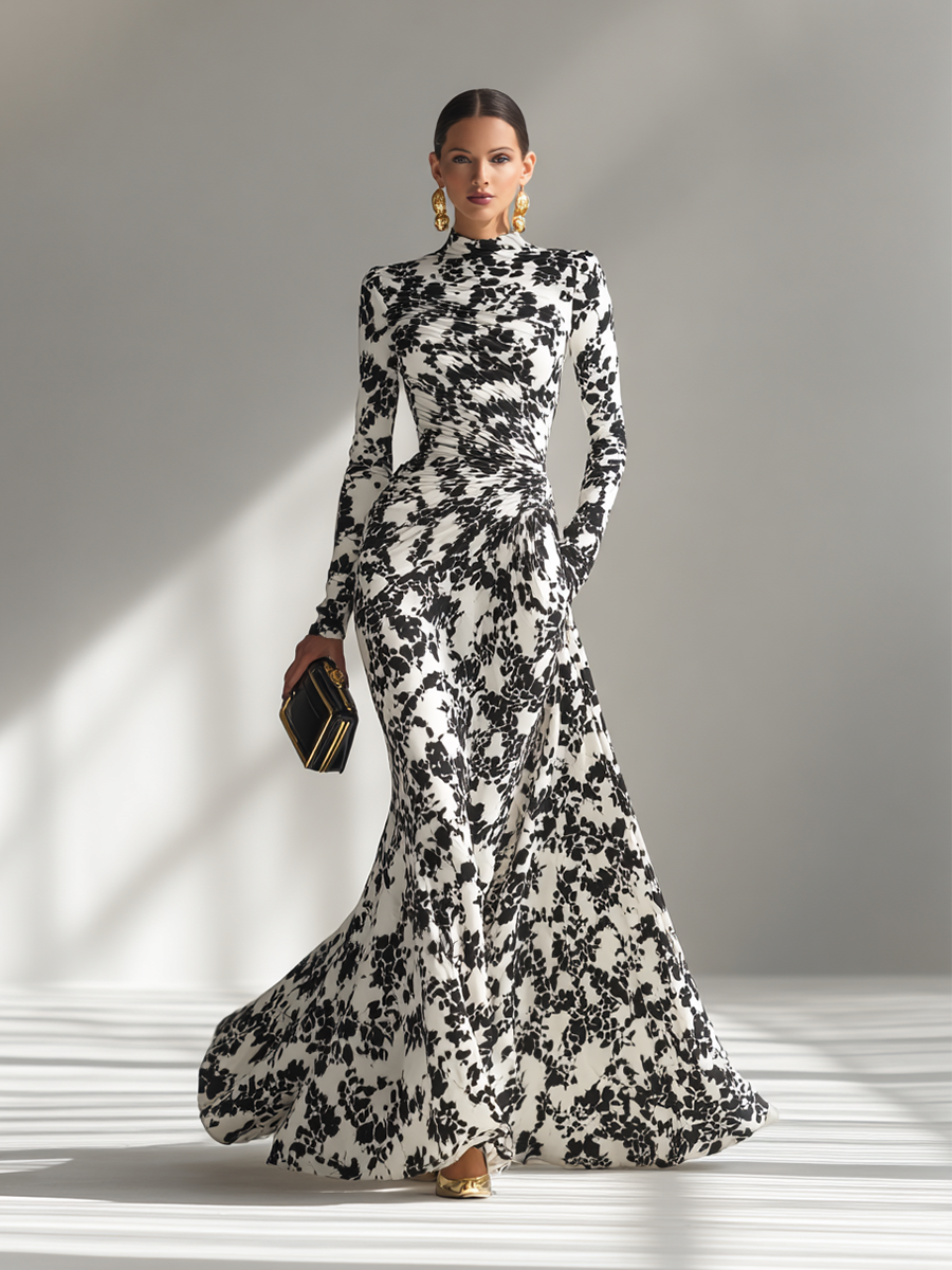 Eduviges™ Vestido Maxi Floral Elegante, Cuello Alto, Manga Larga