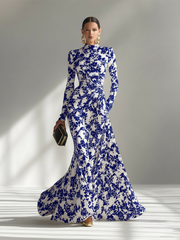Eduviges™ Vestido Maxi Floral Elegante, Cuello Alto, Manga Larga