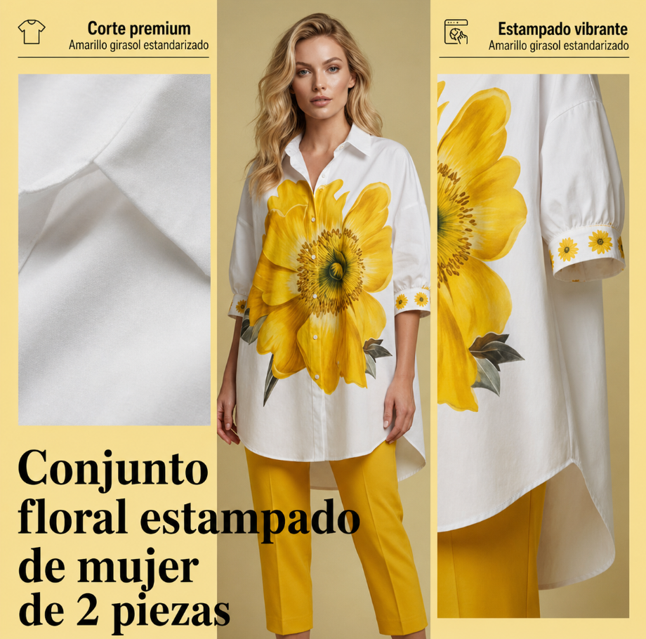 Hortencia™ Conjunto Floral de Dos Piezas para Mujer con Top Oversize y Pantalón Cropped