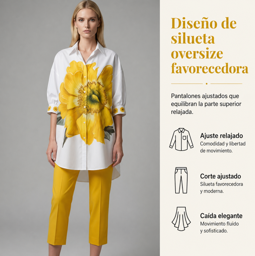 Hortencia™ Conjunto Floral de Dos Piezas para Mujer con Top Oversize y Pantalón Cropped
