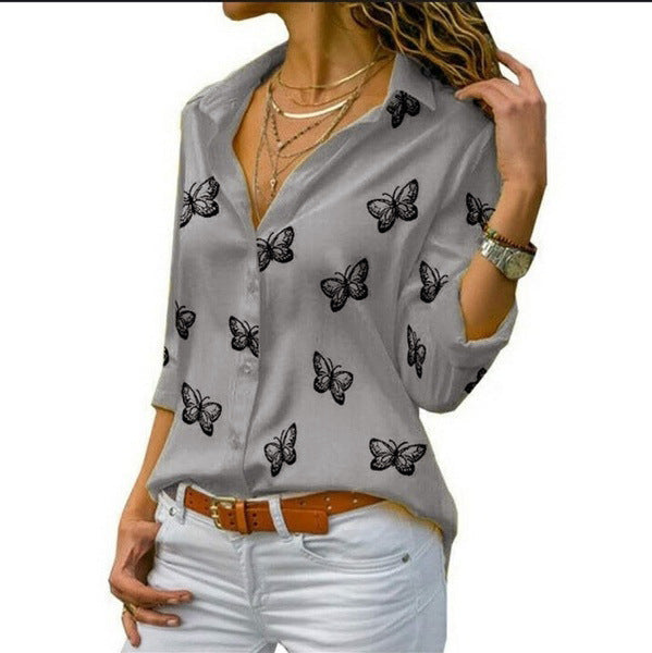 Montserrat™ Blusa Femenina Suelta con Estampado de Mariposas