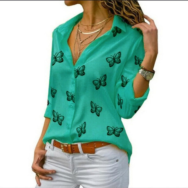 Montserrat™ Blusa Femenina Suelta con Estampado de Mariposas