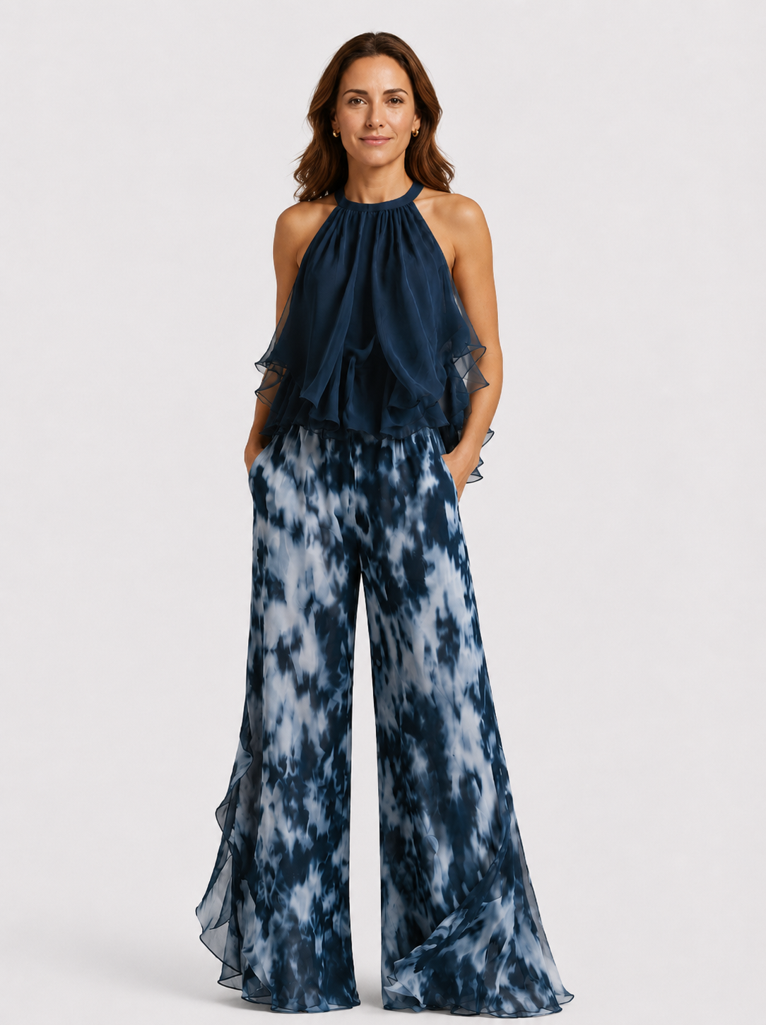 Corina™ Conjunto de Chifón con Top de Cuello Alto y Pantalón