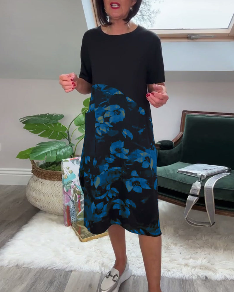 Blanca™ Vestido Patchwork con Flores y Cuello Redondo