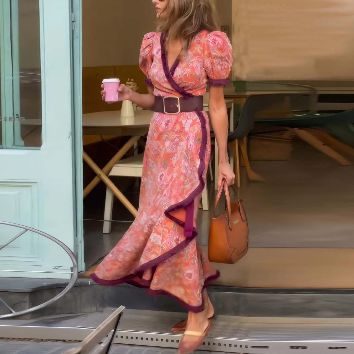 Ensenada™ Vestido Maxi Rosa Elegante con Manga Corta