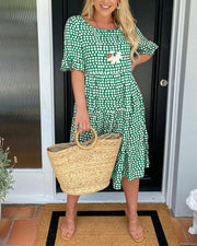 Leticia™ Vestido Midi de Lunares con Cuello Redondo Fluido
