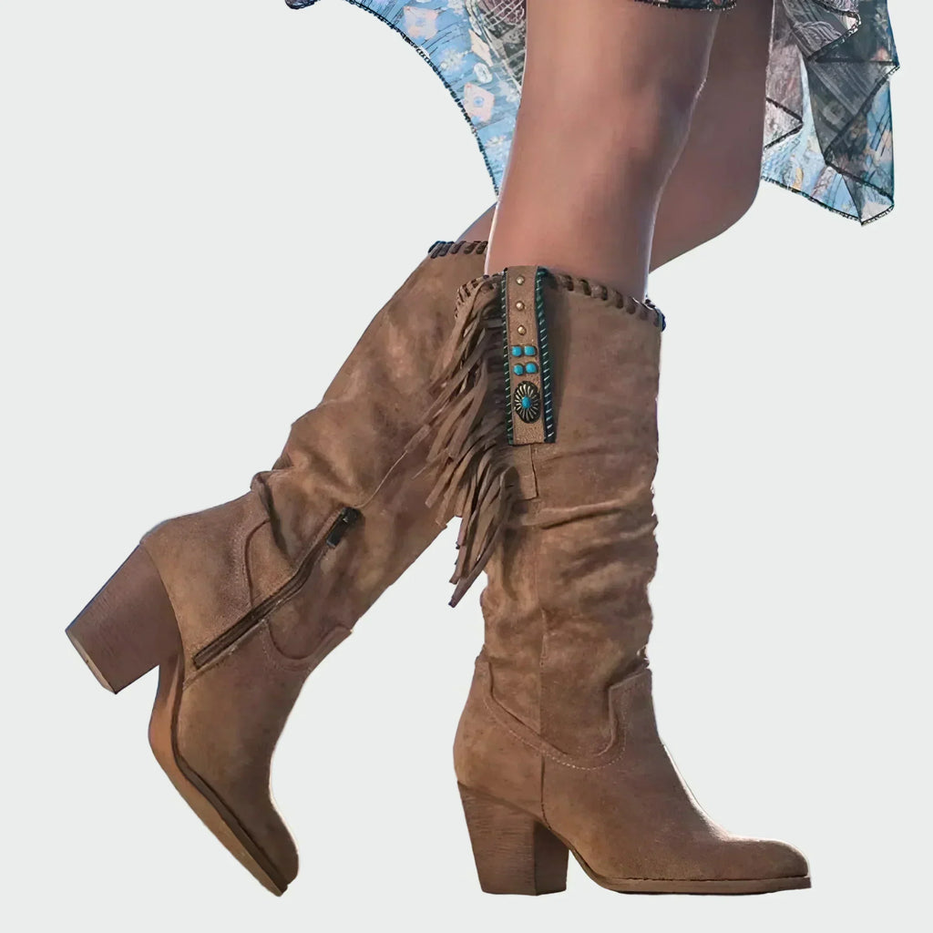 Marbella™ Botas Vaqueras Boho para Mujer con Flecos y Tacón Medio