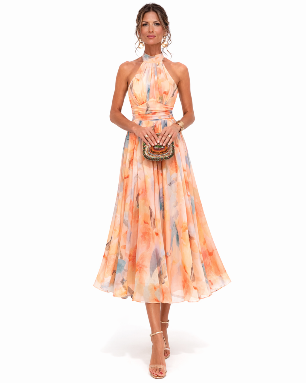 Ladislaa | Vestido con Cuello Halter y Estampado Acuarela