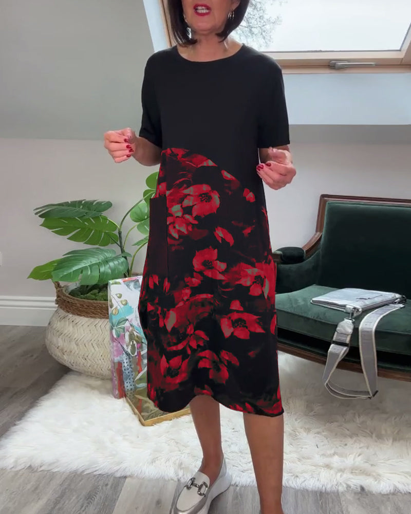 Blanca™ Vestido Patchwork con Flores y Cuello Redondo