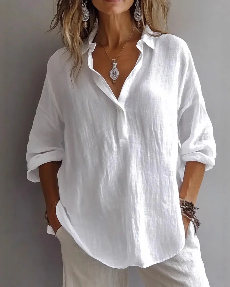 Blusa Suelta con Cuello en V y Mangas Ajustables