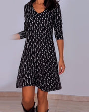 Liliana™ Vestido a Cuadros con Cuello en V y Manga Larga