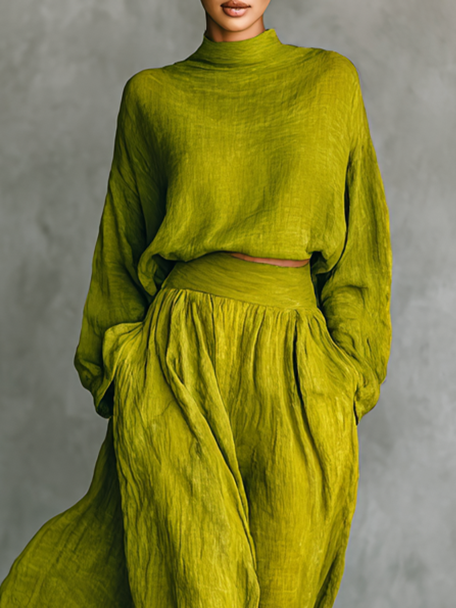 Mitla™ Conjunto Verde para Mujer en Algodón y Lino con Pantalón Ancho