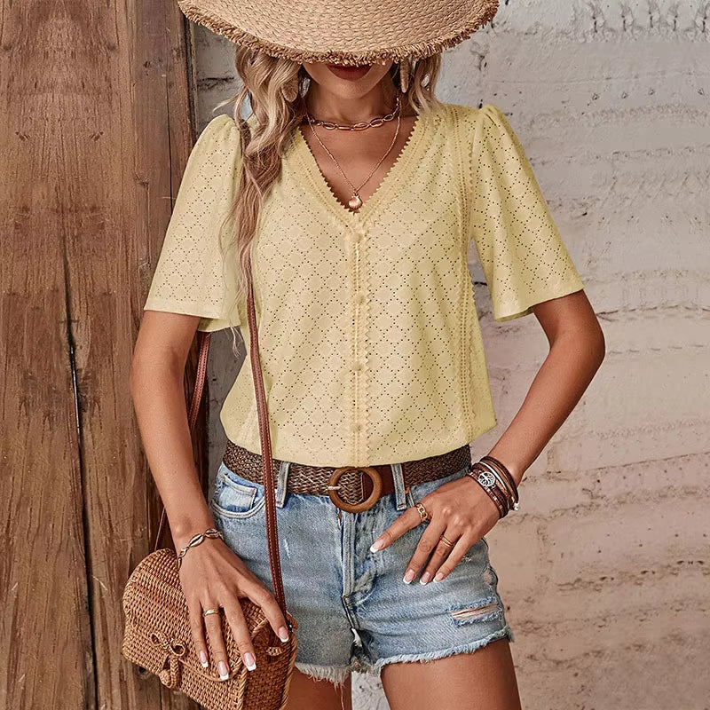 Anel™ Blusa de Manga Corta para Mujer con Cuello en V