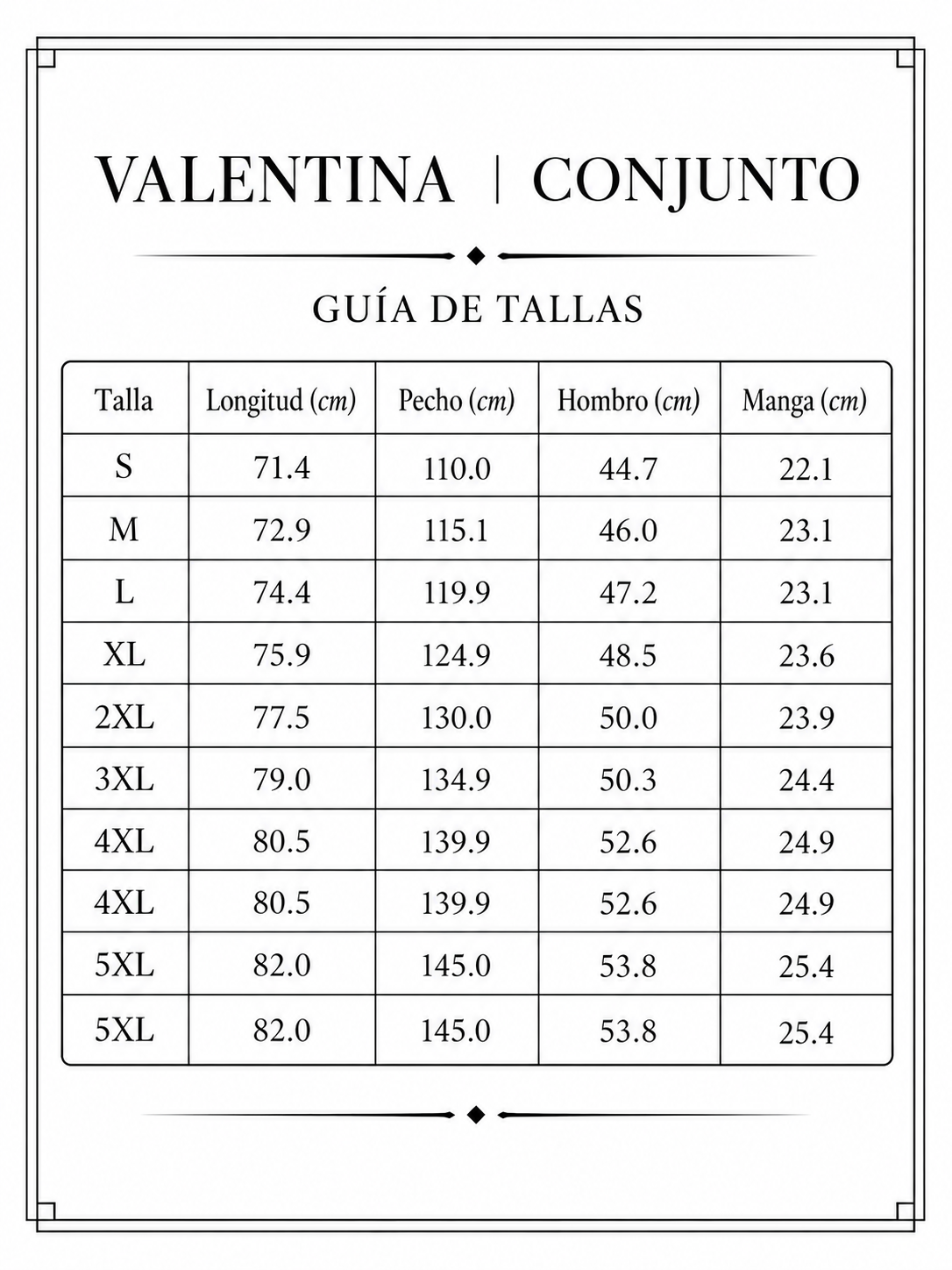 Valentina | Elegante conjunto de otoño size chart