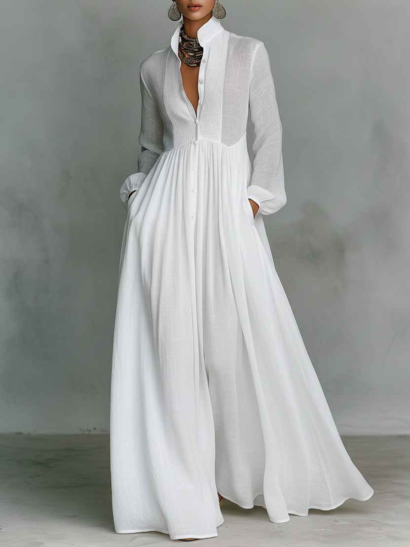 Purépecha™ Vestido Maxi en Algodón y Lino con Cuello Alto