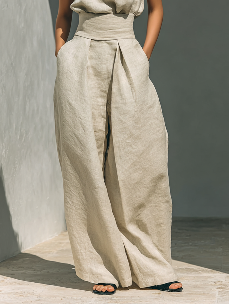 Conjunto Marcelina de Blusa sin Mangas y Pantalón de Pierna Ancha en Algodón y Lino