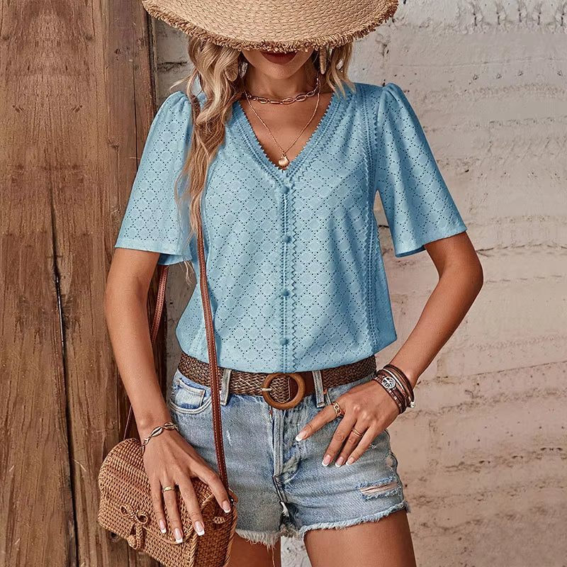 Anel™ Blusa de Manga Corta para Mujer con Cuello en V