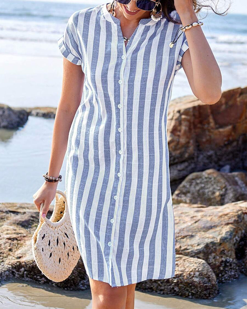 Pátzcuaro™ Vestido Camisero Rayado Elegante en Algodón y Lino