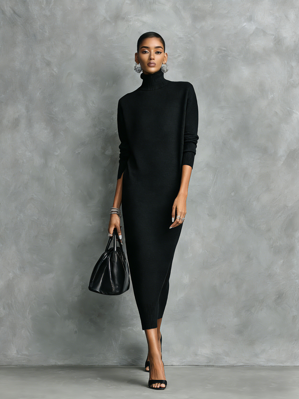 Genoveva™ Vestido Midi de Punto con Cuello Alto y Manga Larga