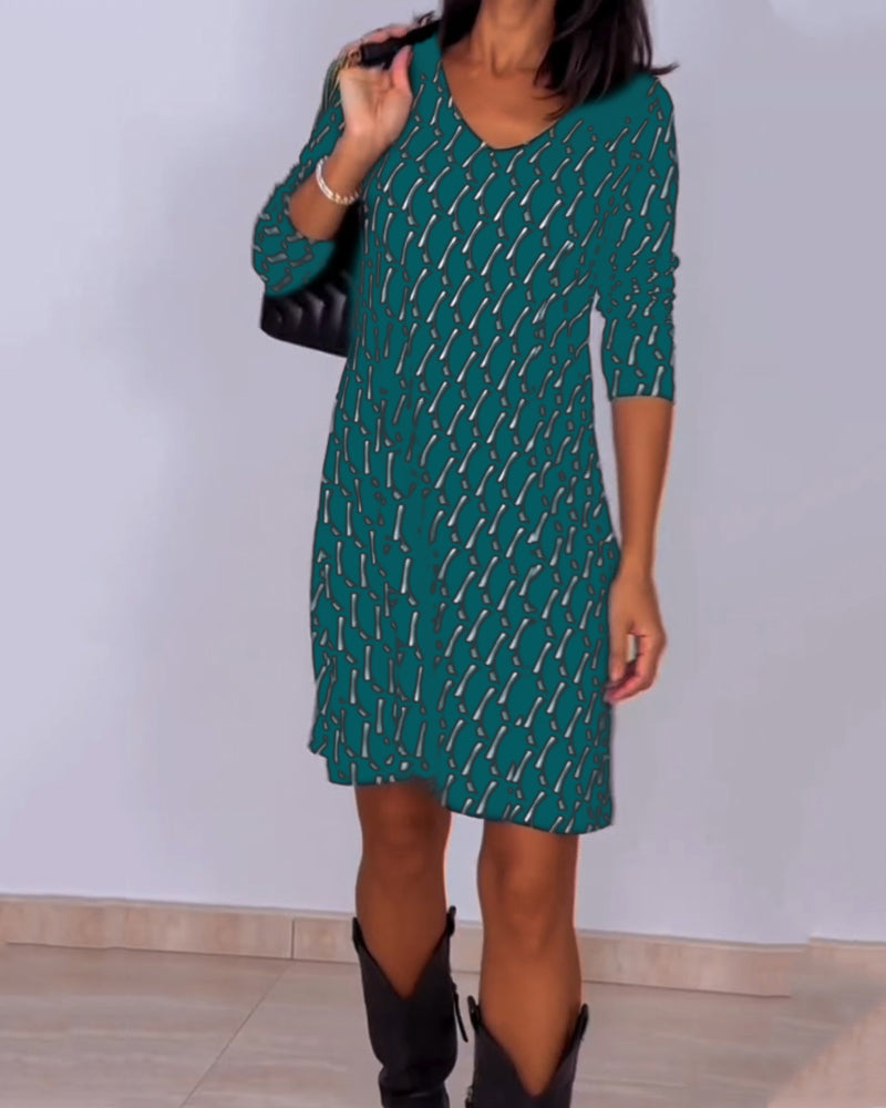 Liliana™ Vestido a Cuadros con Cuello en V y Manga Larga