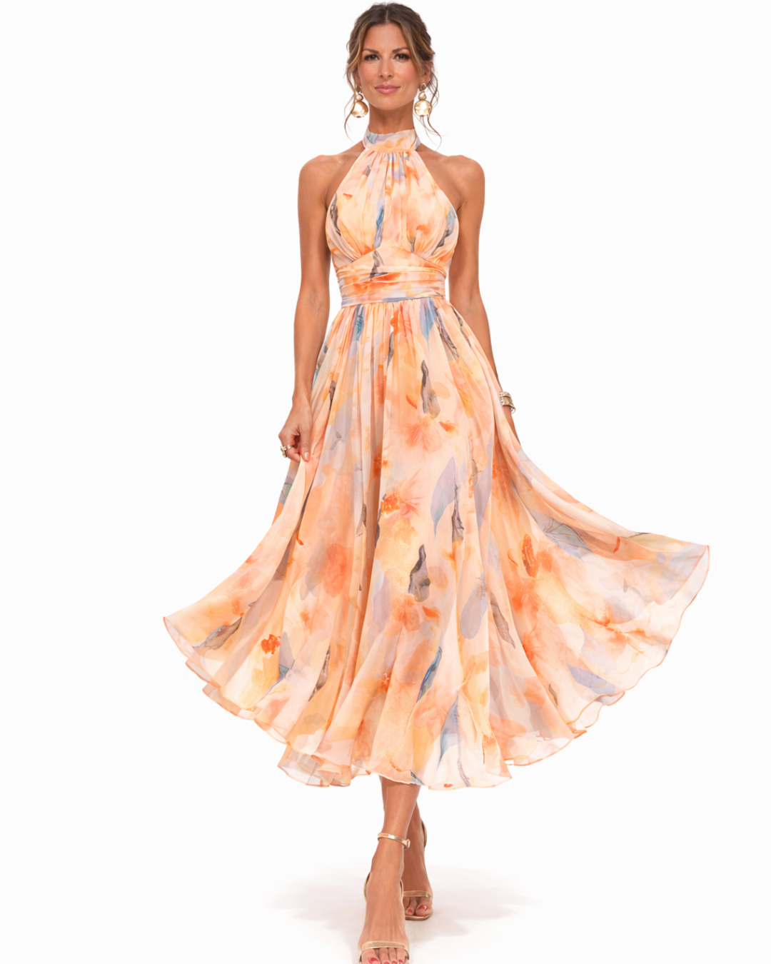 Ladislaa | Vestido con Cuello Halter y Estampado Acuarela