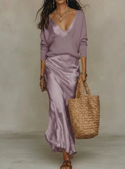 Marlene™ Conjunto Midi de Satín con Suéter de Punto Elegante