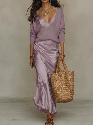 Belinda™ Conjunto Midi de Satín con Suéter de Punto Elegante