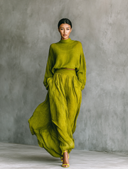 Mitla™ Conjunto Verde para Mujer en Algodón y Lino con Pantalón Ancho