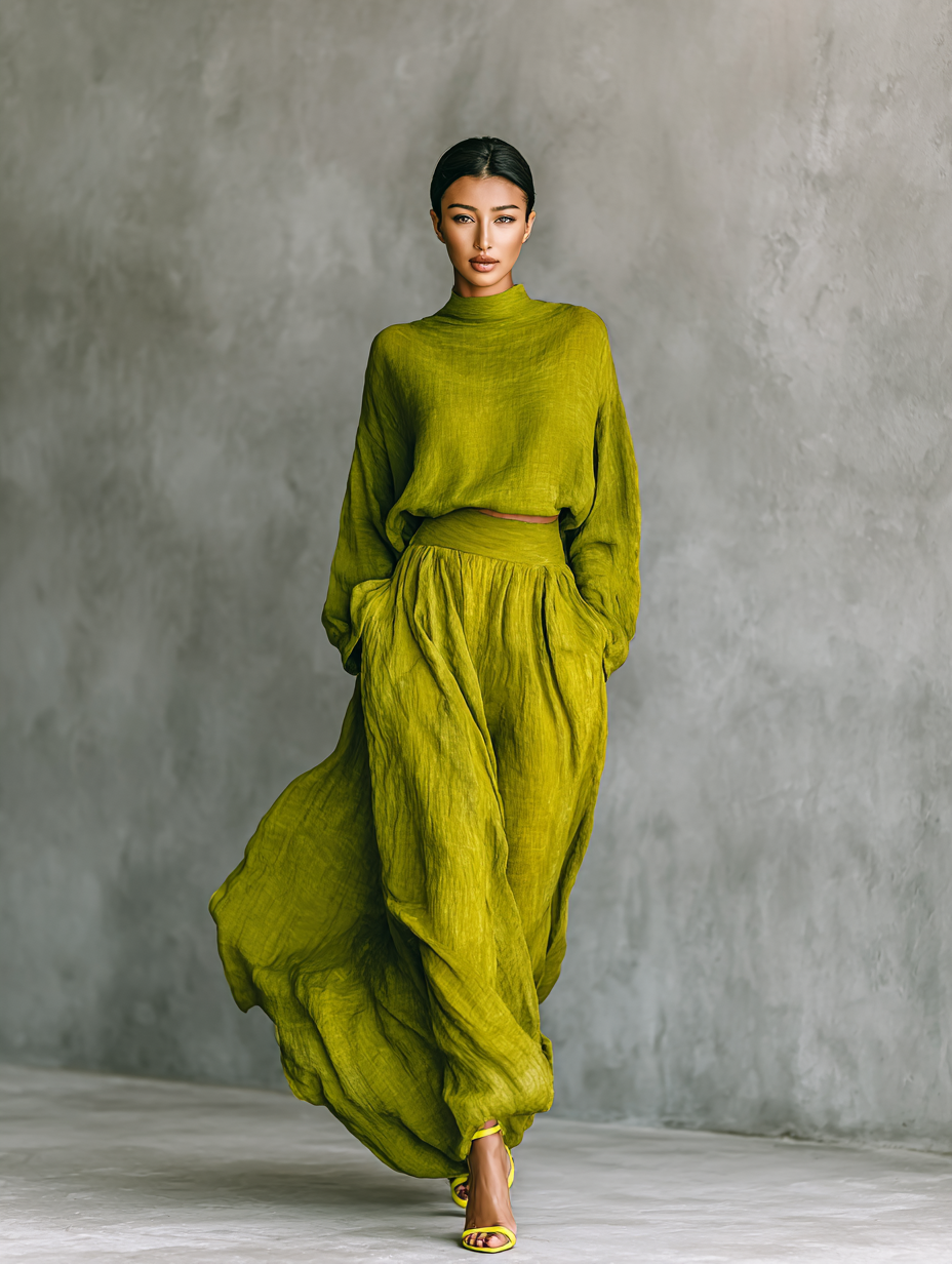 Mitla™ Conjunto Verde para Mujer en Algodón y Lino con Pantalón Ancho