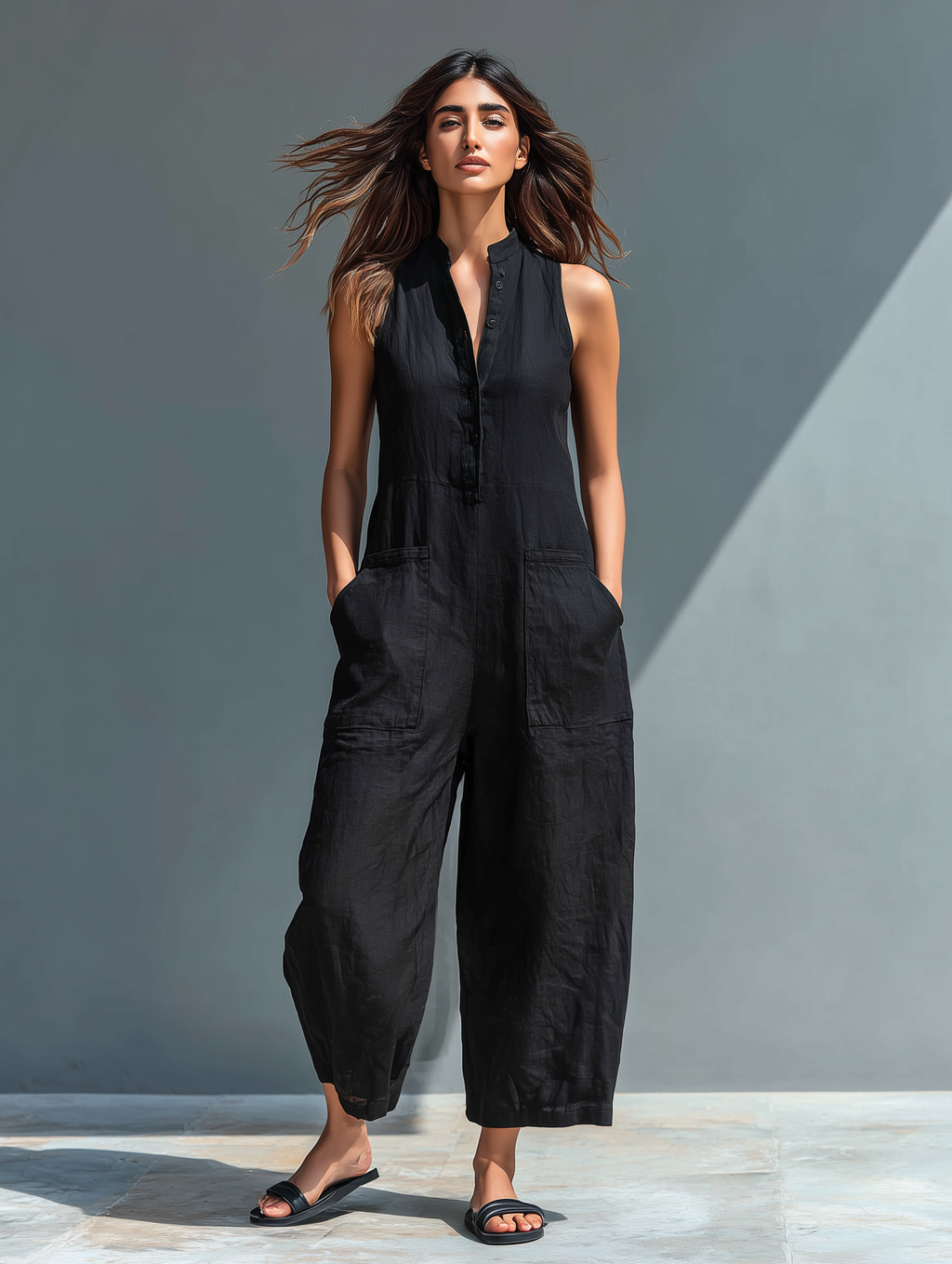 Noelia | Jumpsuit de Lino sin Mangas con Botones al Frente
