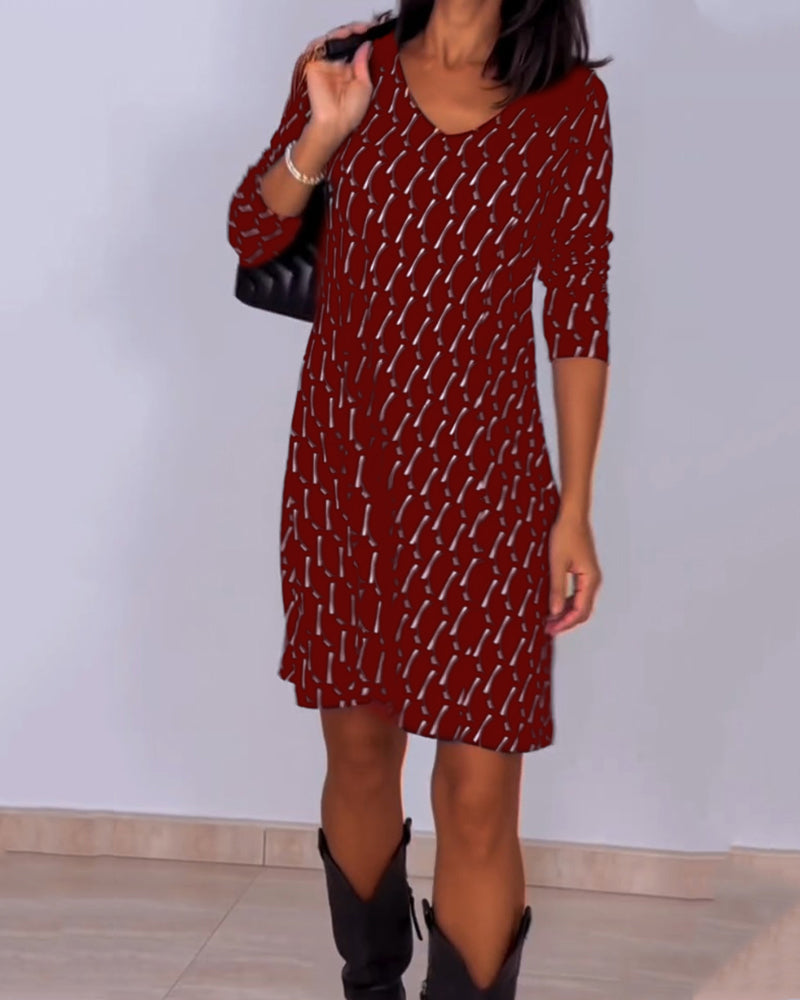 Liliana™ Vestido a Cuadros con Cuello en V y Manga Larga