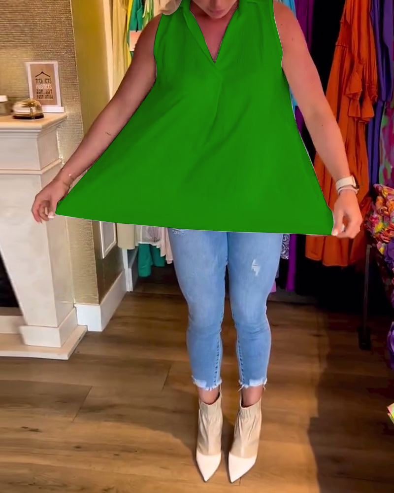 Susana™ Blusa sin Mangas con Volantes y Cuello Solapa