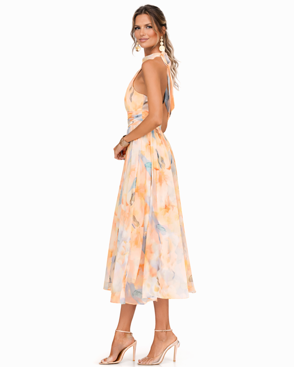 Ladislaa | Vestido con Cuello Halter y Estampado Acuarela