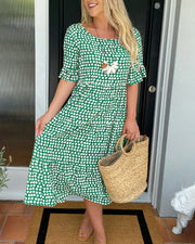 Leticia™ Vestido Midi de Lunares con Cuello Redondo Fluido