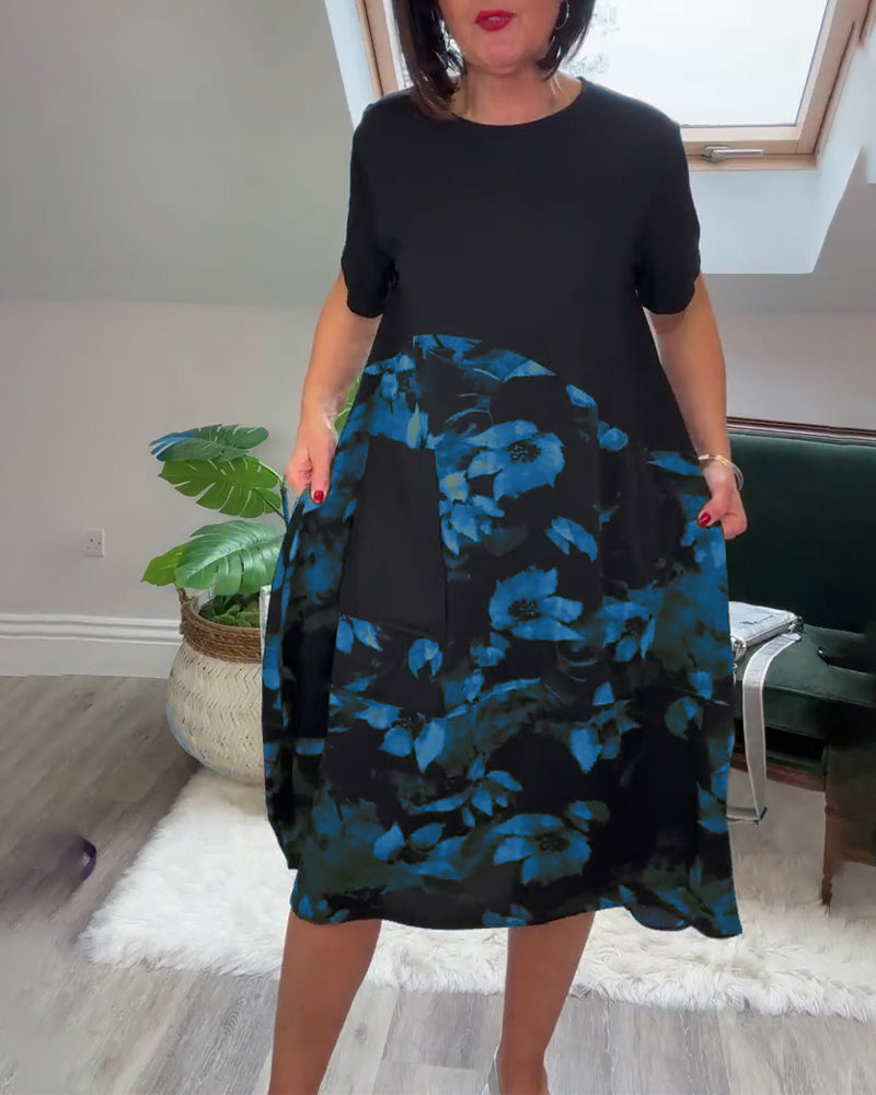 Blanca™ Vestido Patchwork con Flores y Cuello Redondo