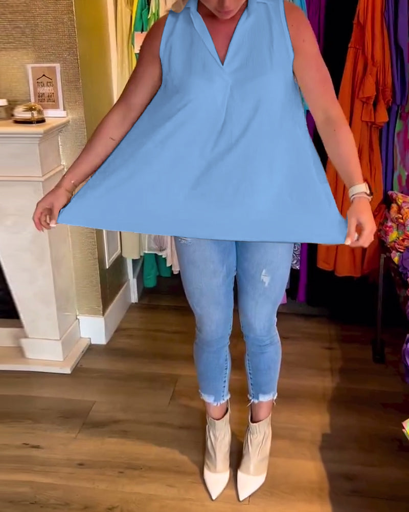 Susana™ Blusa sin Mangas con Volantes y Cuello Solapa