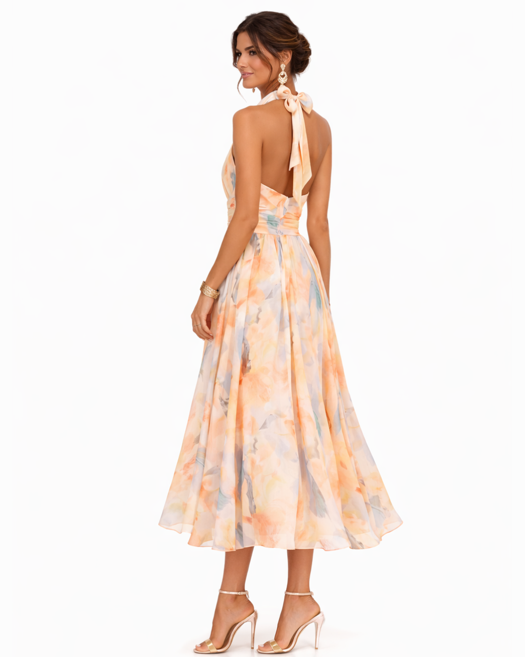 Ladislaa | Vestido con Cuello Halter y Estampado Acuarela