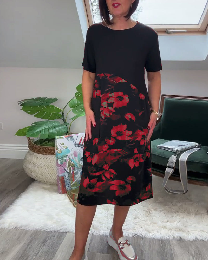 Blanca™ Vestido Patchwork con Flores y Cuello Redondo