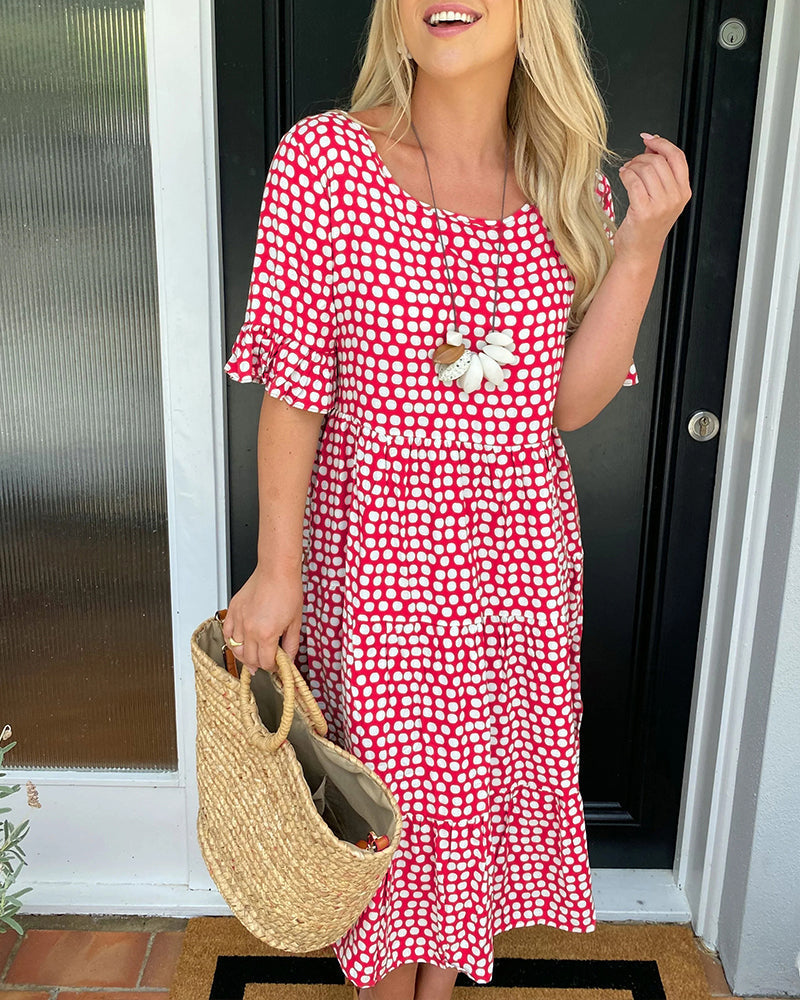 Leticia™ Vestido Midi de Lunares con Cuello Redondo Fluido
