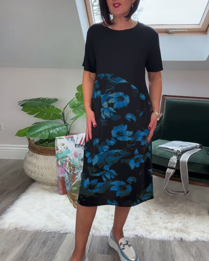 Blanca™ Vestido Patchwork con Flores y Cuello Redondo