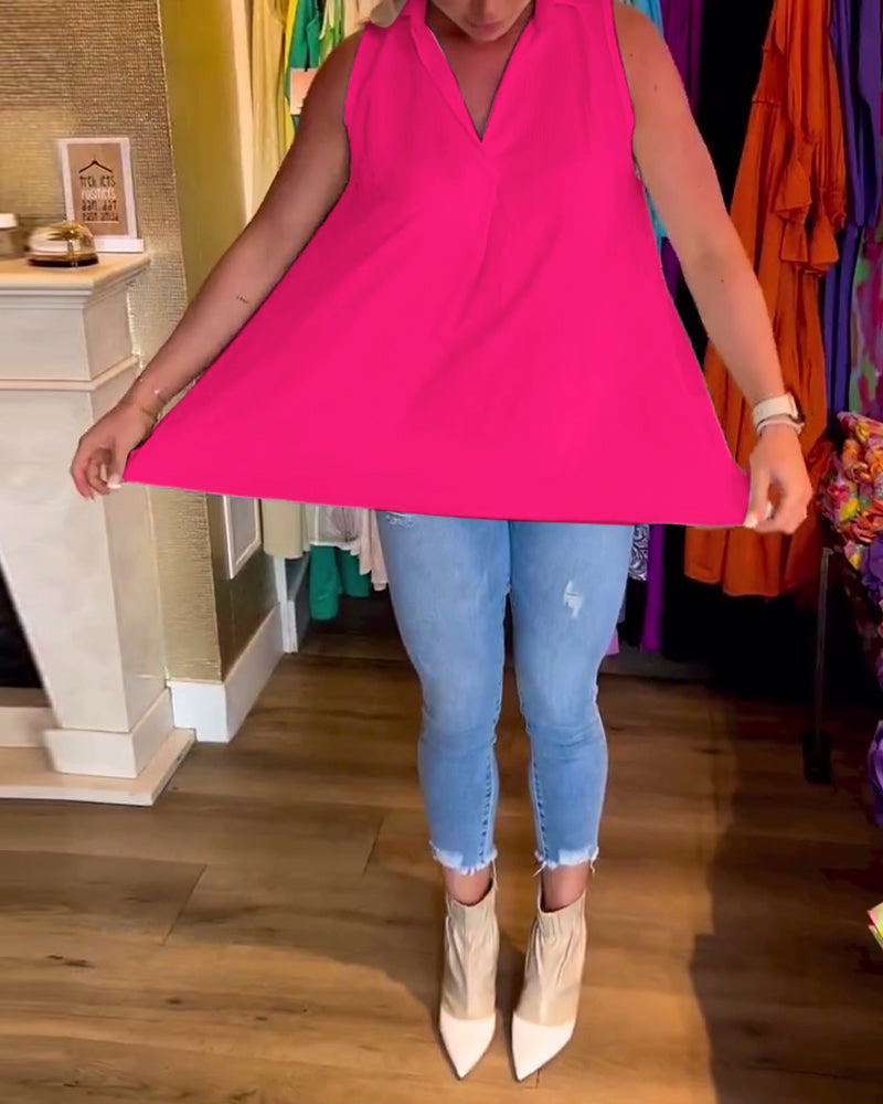 Susana™ Blusa sin Mangas con Volantes y Cuello Solapa