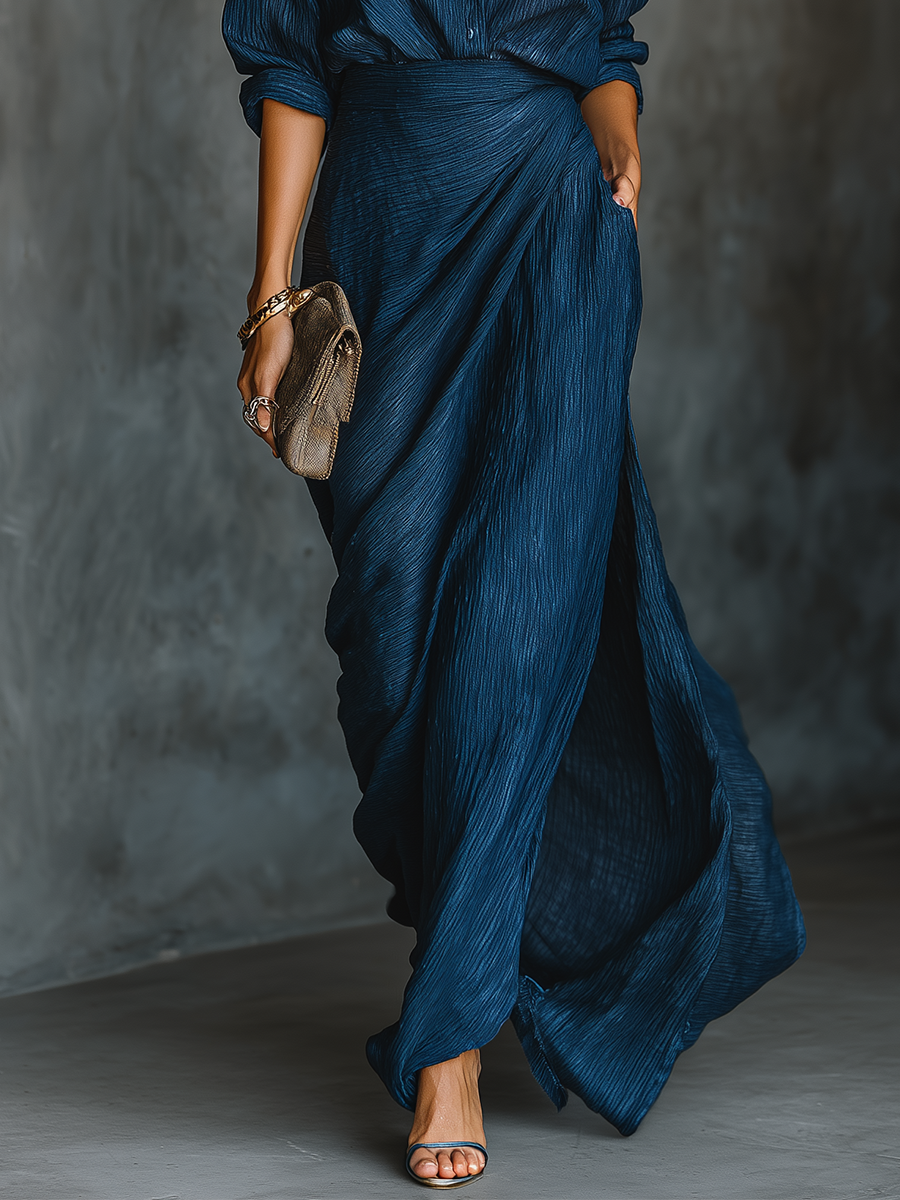 Huamantla™ Conjunto de Falda Larga y Blusa Elegante en Algodón y Lino Azul Marino