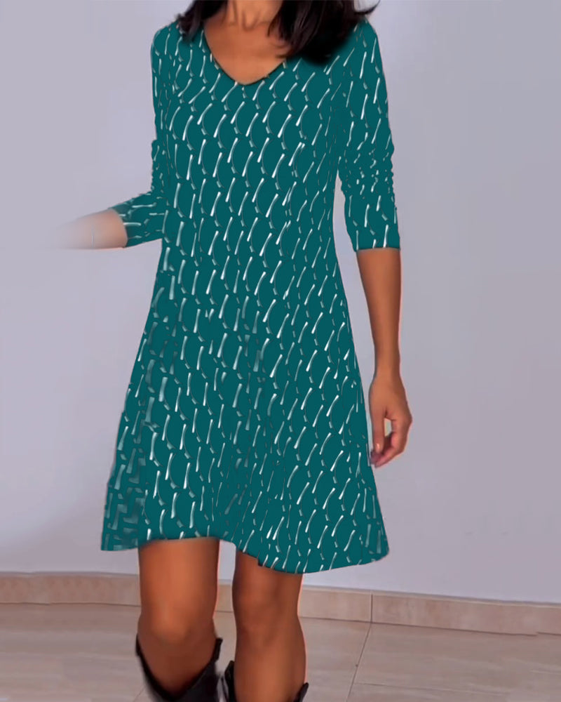 Liliana™ Vestido a Cuadros con Cuello en V y Manga Larga