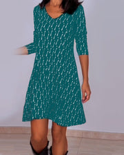 Liliana™ Vestido a Cuadros con Cuello en V y Manga Larga