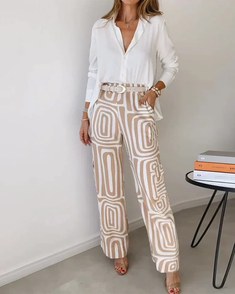 Puebla™ Conjunto Elegante de Pantalón con Blusa y Cinturón